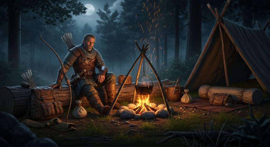 Hunter resting by a campfire at camp after quests with weapon and supplies nearby.