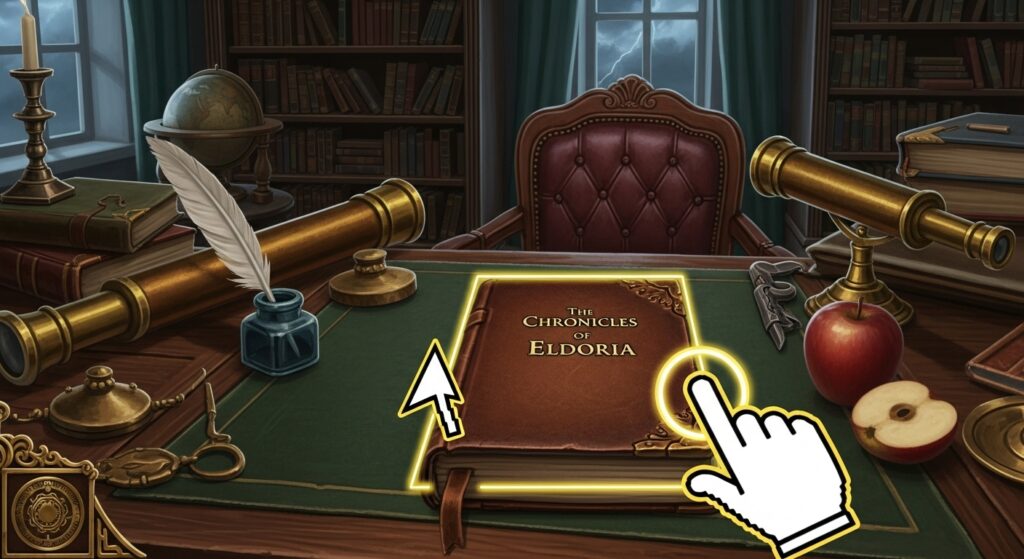 Player clicking interactive hotspots in a point-and-click adventure game.