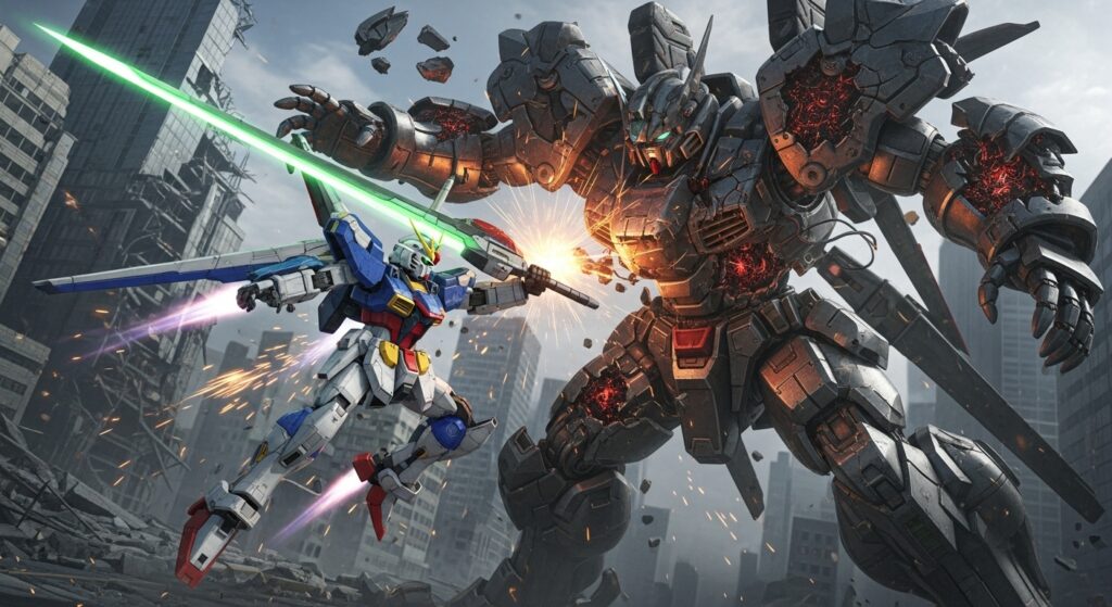 Player Gundam battling a boss unit showing destructible armor parts in Gundam Breaker 4.