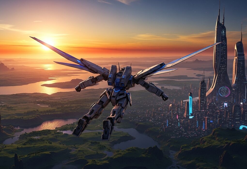 Flying Skell over the planet Mira at sunset in Xenoblade Chronicles X, showing the vast open world and sci-fi skyline.