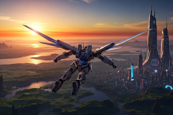 Flying Skell over the planet Mira at sunset in Xenoblade Chronicles X, showing the vast open world and sci-fi skyline.