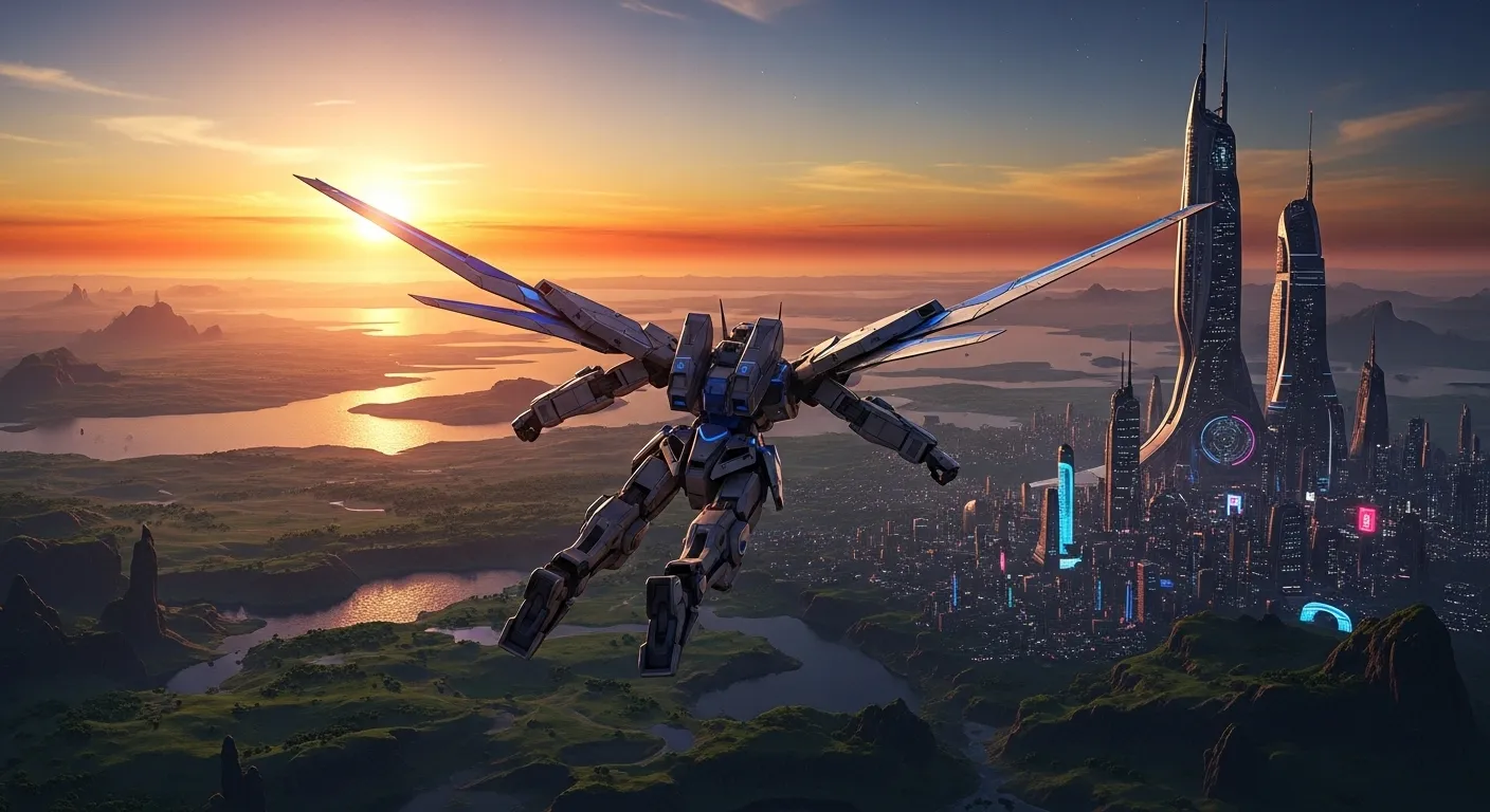 Flying Skell over the planet Mira at sunset in Xenoblade Chronicles X, showing the vast open world and sci-fi skyline.