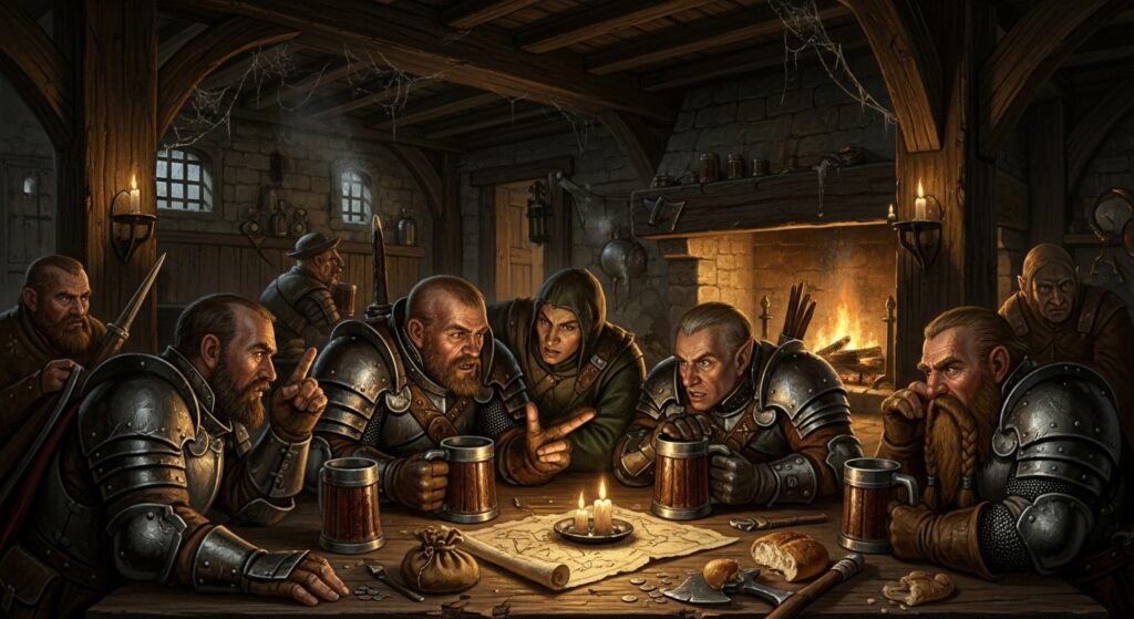 Players plotting in a dingy tavern during a Warhammer Fantasy Roleplay session.