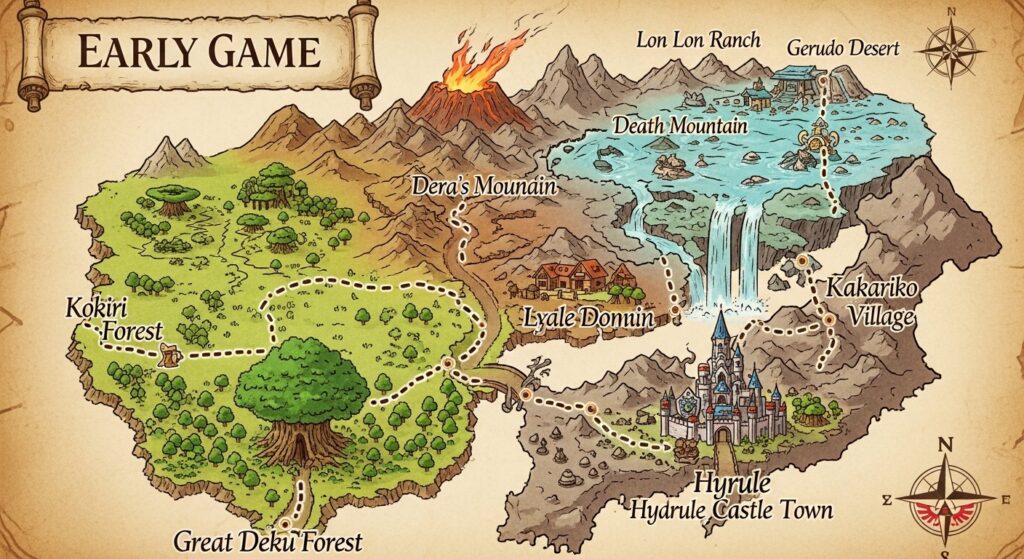 Best early route map in Ocarina of Time showing Deku Tree to Zora’s Domain progression.