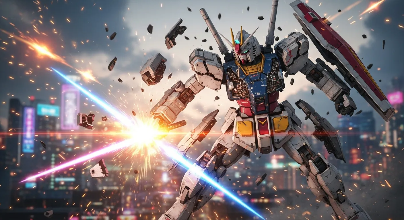 Custom Gundam mid-fight in Gundam Breaker 4, with armor parts flying and city lights glowing in the background.