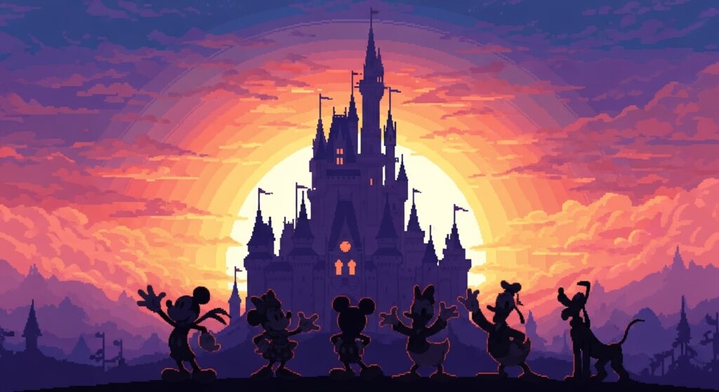 Disney Pixel RPG pixel sunrise with iconic characters in a fantasy landscape.