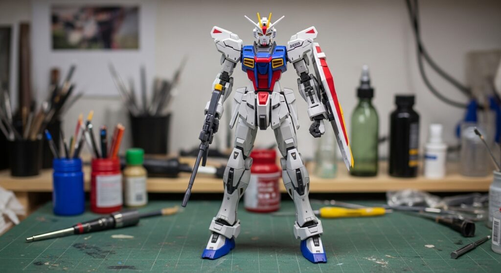 Workbench with half-built Gunpla model representing Gundam Breaker 4’s kitbashing and customization focus.