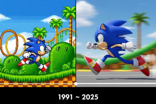 Classic and modern Sonic side by side showing how old Sonic is from 1991 to now.