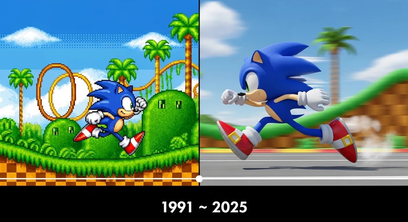 Classic and modern Sonic side by side showing how old Sonic is from 1991 to now.