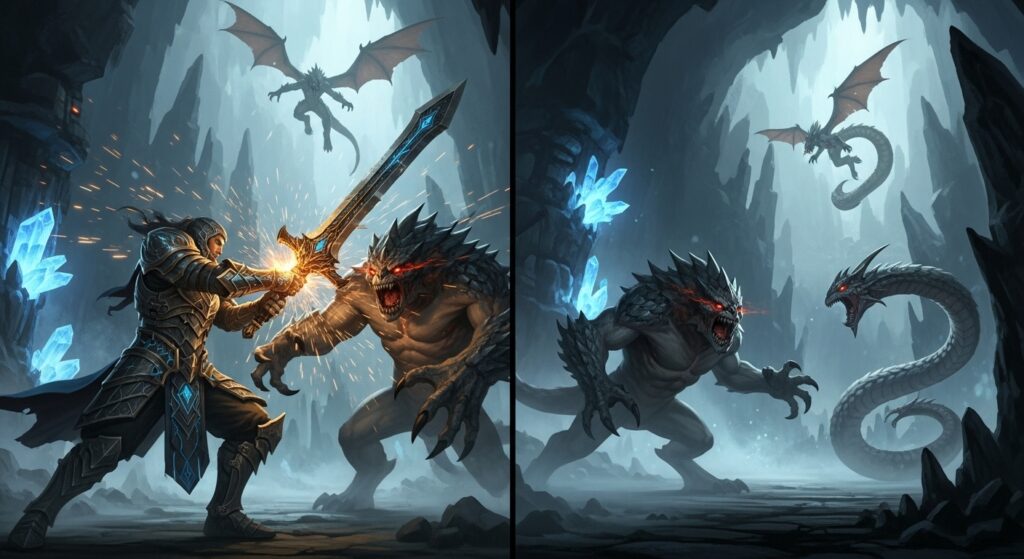 Action RPG hero battling monsters beside an open skill tree showing build customization