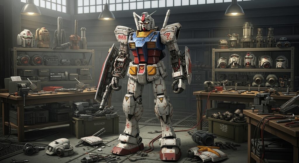 Battle-worn Gundam standing in hangar surrounded by tools and spare parts, symbolizing Gundam Breaker 4’s build-and-break loop.