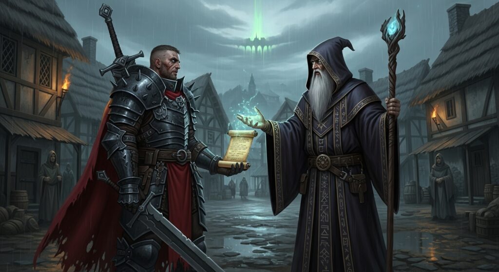 A wizard is giving a quest to a ARPG dark fantasy hero in a village.