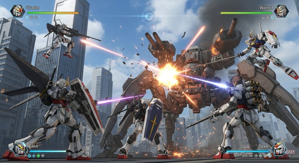 Co-op team of custom Gundams fighting together in Gundam Breaker 4 multiplayer mission.
