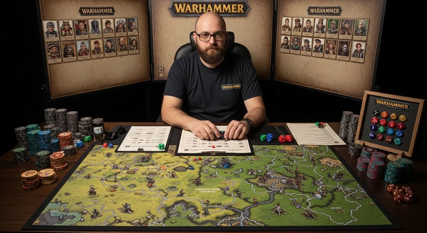Game Master running a Warhammer Fantasy Roleplay session with dice and maps.