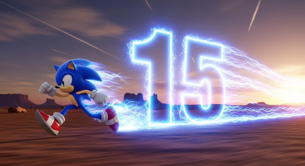 Sonic the Hedgehog running with a glowing trail forming the number 15.