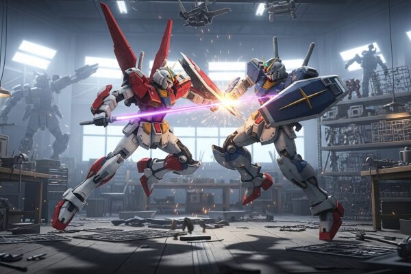 Custom Gundam mecha clashing in a workshop arena, symbolizing the build-and-battle fantasy of Gundam Breaker 4.