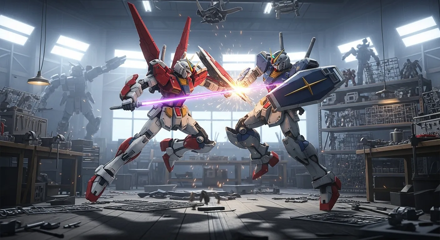 Custom Gundam mecha clashing in a workshop arena, symbolizing the build-and-battle fantasy of Gundam Breaker 4.