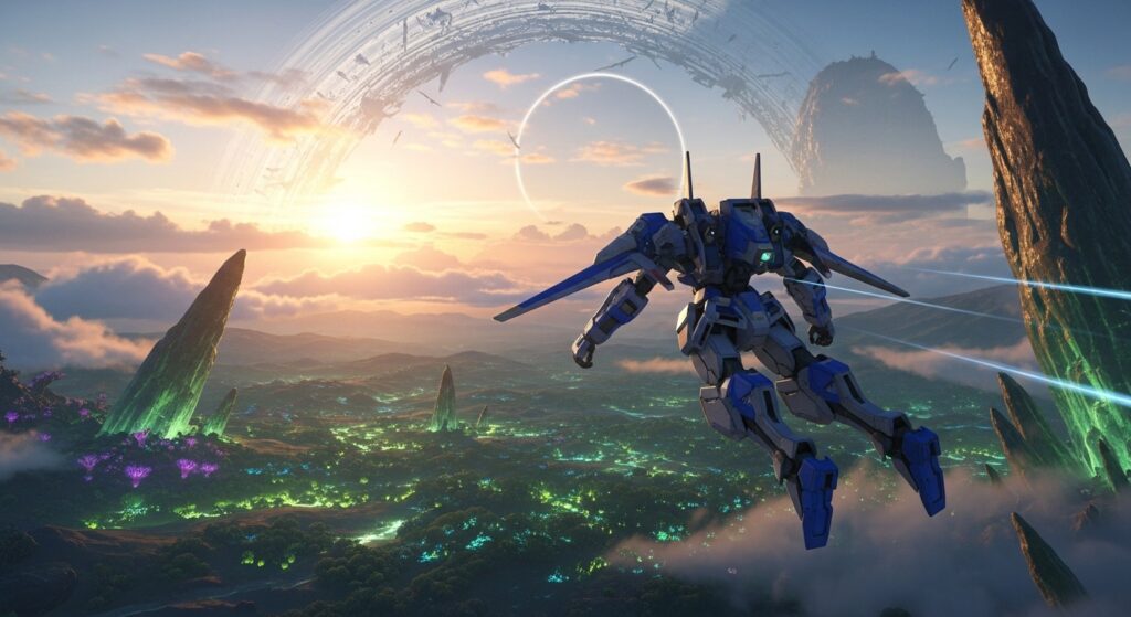 Skell flying over Sylvalum at dawn capturing the exploration freedom of Xenoblade Chronicles X.