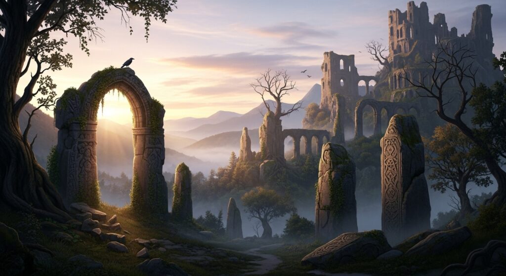 Dawn breaking over ruined Avalon, symbolizing fragile hope in Tainted Grail: The Fall of Avalon.