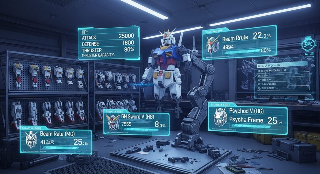 Customization bay with Gundam parts and stat overlays, showcasing build crafting in Gundam Breaker 4.