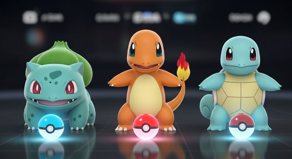 Best starter Pokémon choice screen in Pokémon FireRed – Bulbasaur, Charmander, Squirtle.