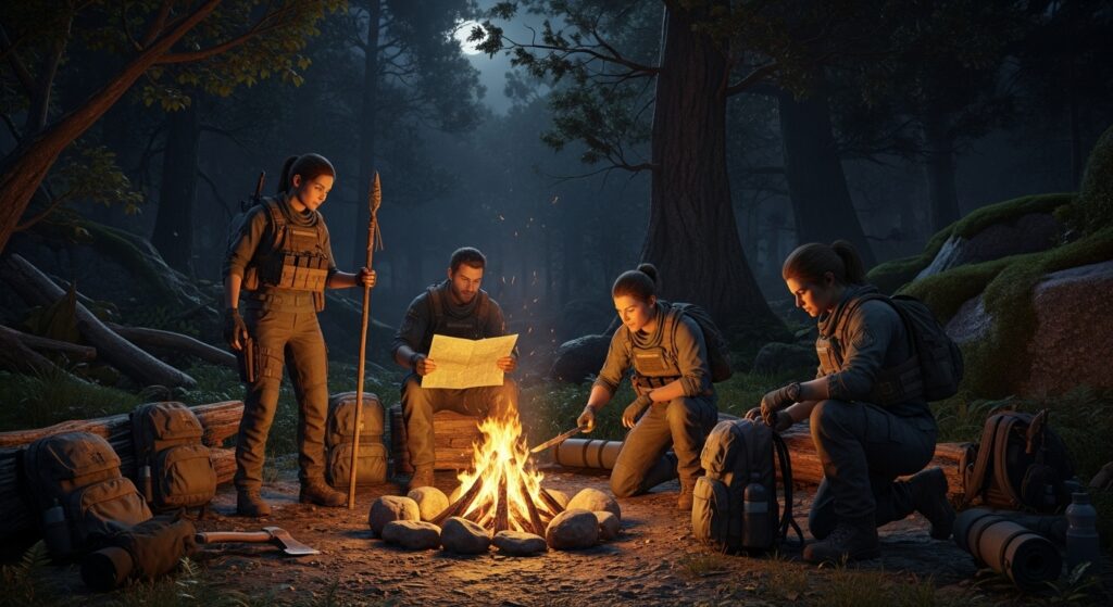 Sons of the Forest players gathered around a fire in co-op mode.