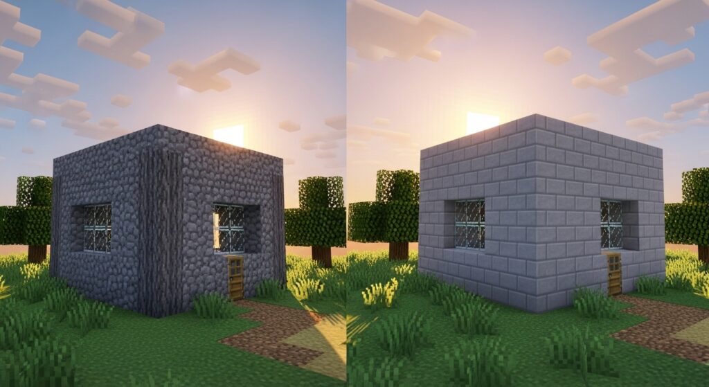 Side-by-side Minecraft builds showing stone vs smooth stone walls