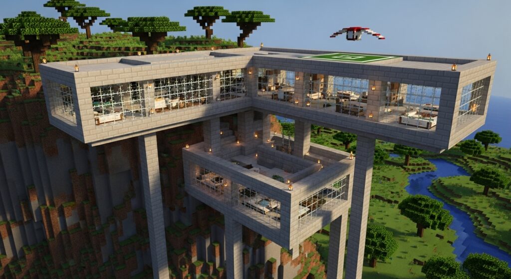 Modern Minecraft base built using smooth stone blocks and glass