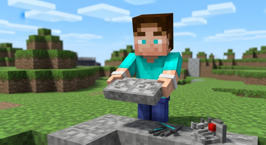 Minecraft player crafting and holding smooth stone slabs