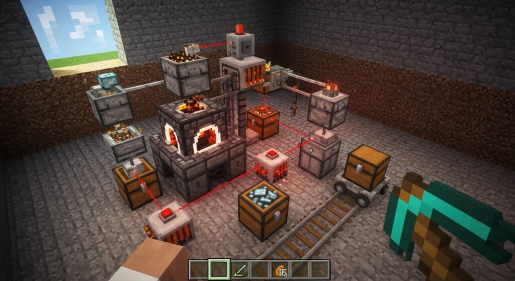 Automatic furnace setup for smelting smooth stone in Minecraft