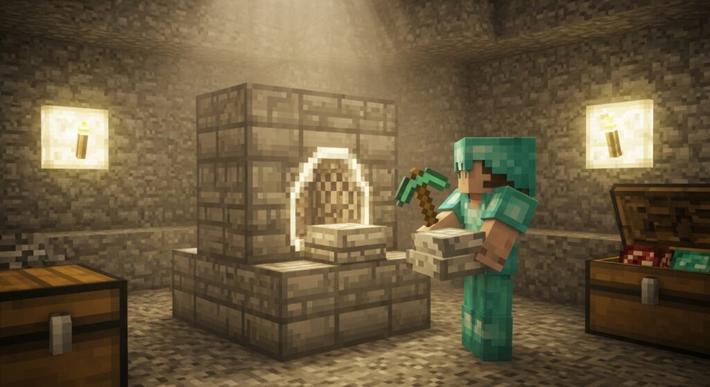 Crafting a blast furnace using smooth stone and iron in Minecraft