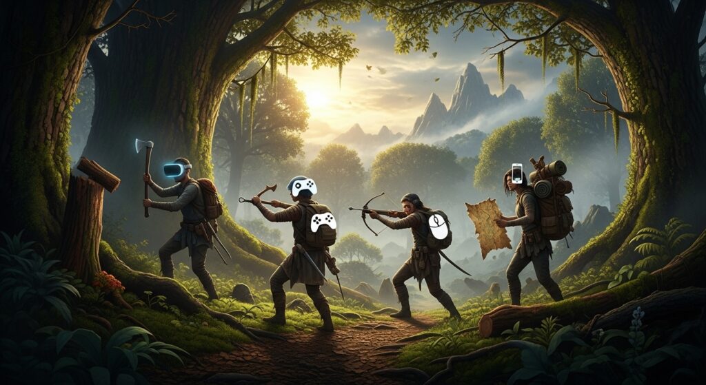 Sons of the Forest players from multiple platforms exploring together.