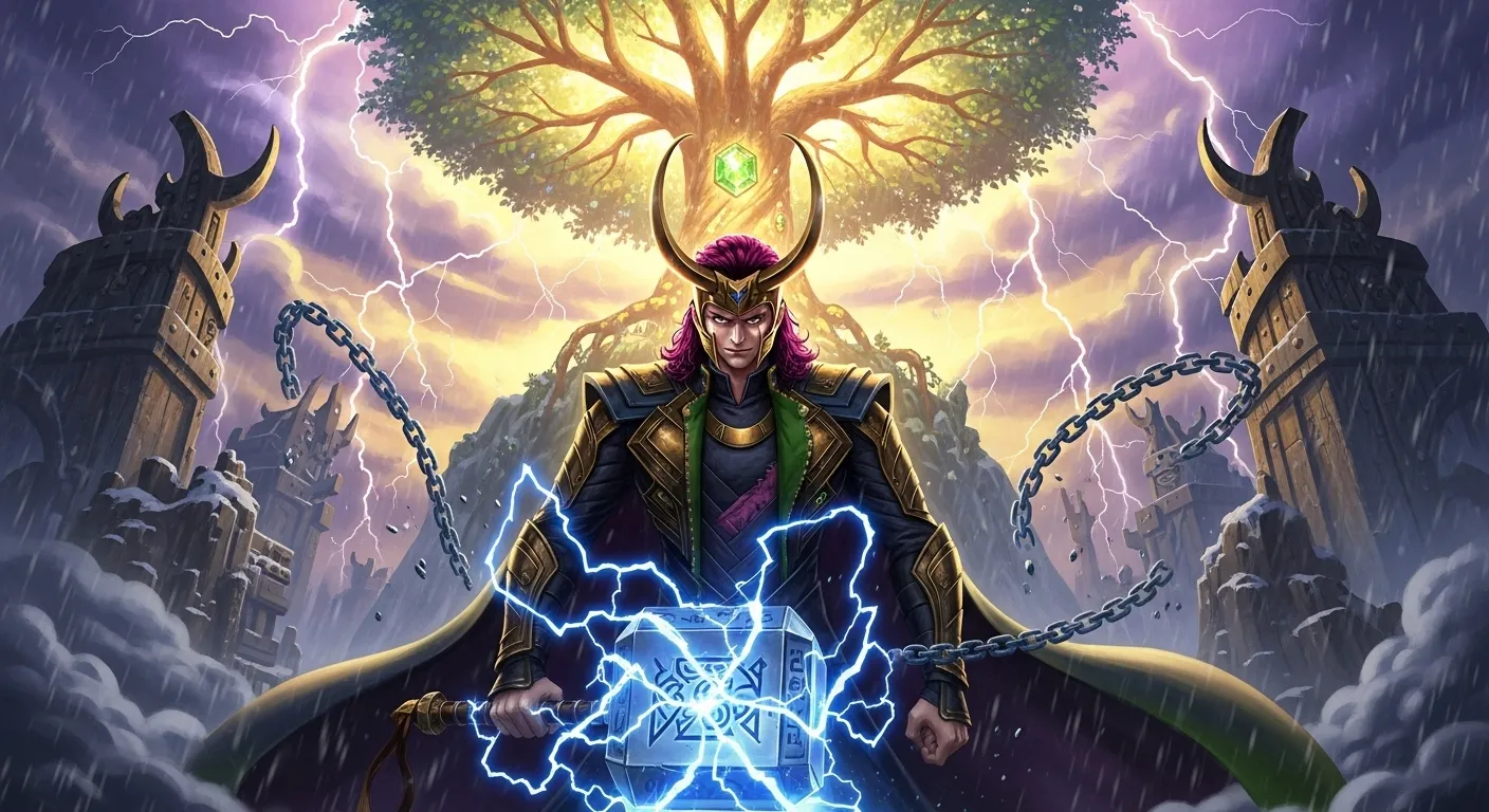 One Piece Loki standing beneath the Jewel Tree Adam, lightning cracking as he breaks his chains in Elbaf storm.