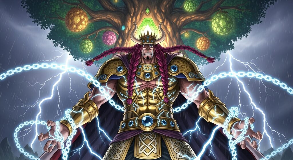 One Piece Loki chained beneath the Jewel Tree Adam in Elbaf thunderstorm.