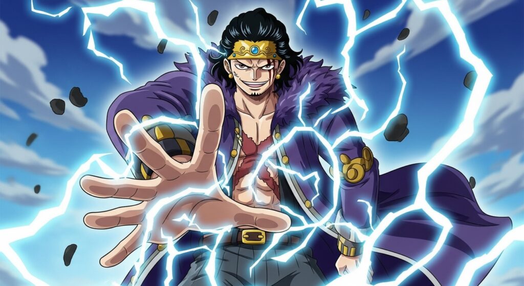 One Piece Loki using Advanced Conqueror’s Haki surrounded by thunder.