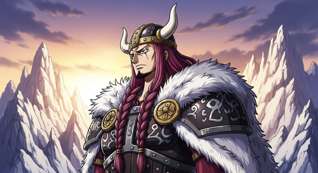 Anime portrait of One Piece Loki, Prince of Elbaf with Viking armor.