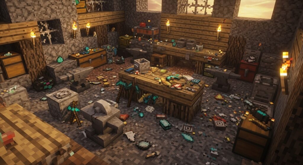 minecraft grindstone crafting setup in player workshop