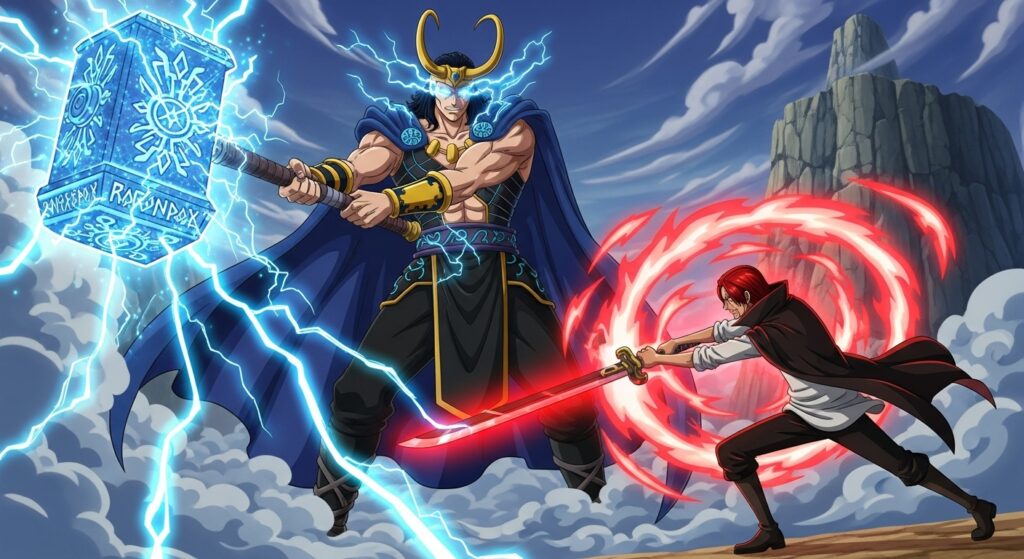 Shanks deflecting Loki’s lightning in an Elbaf battle scene.