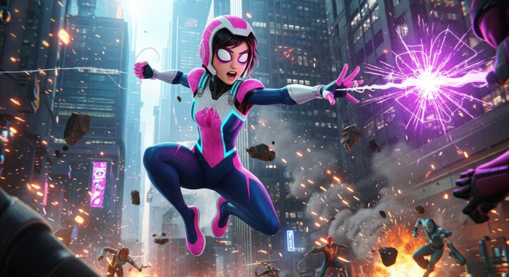 Peni Parker age lore Marvel Rivals Vanguard hero combat scene.