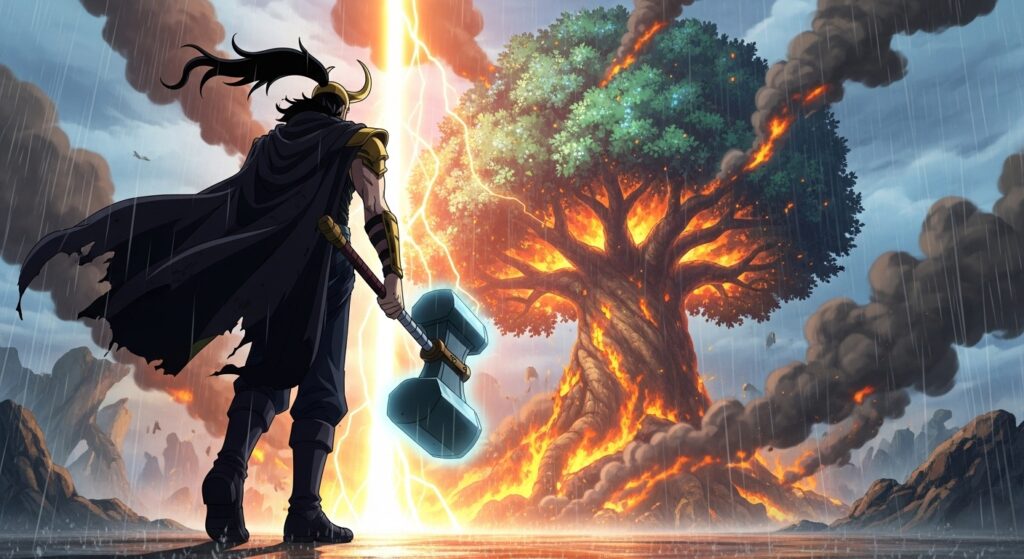 Loki of Elbaf walking away from the burning Jewel Tree after storm.