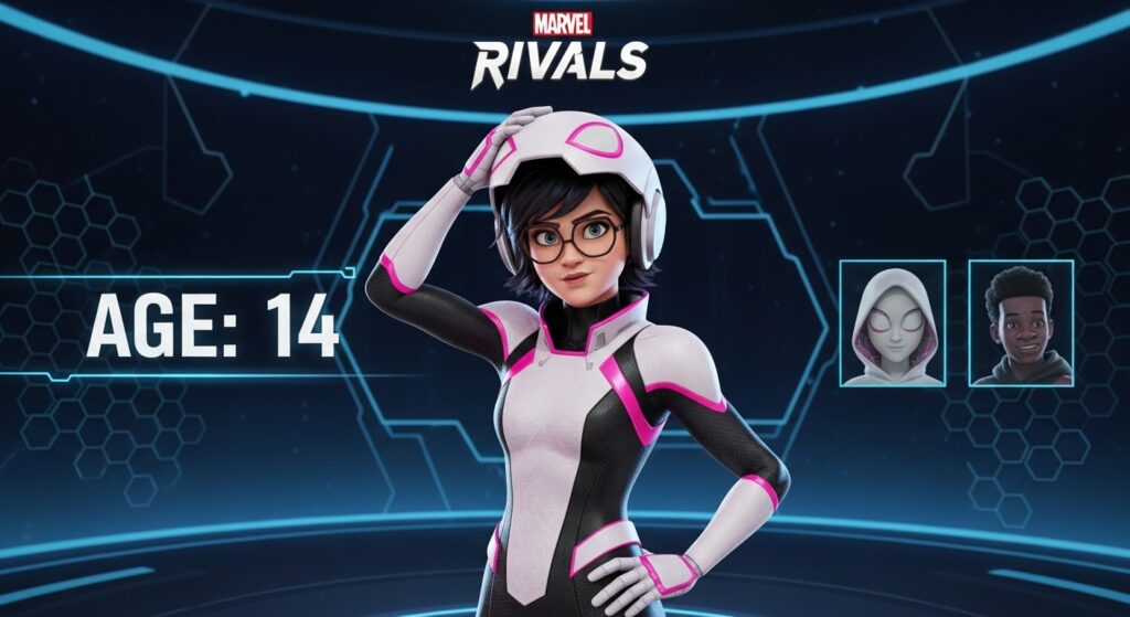 Peni Parker Marvel Rivals character age selection screen.