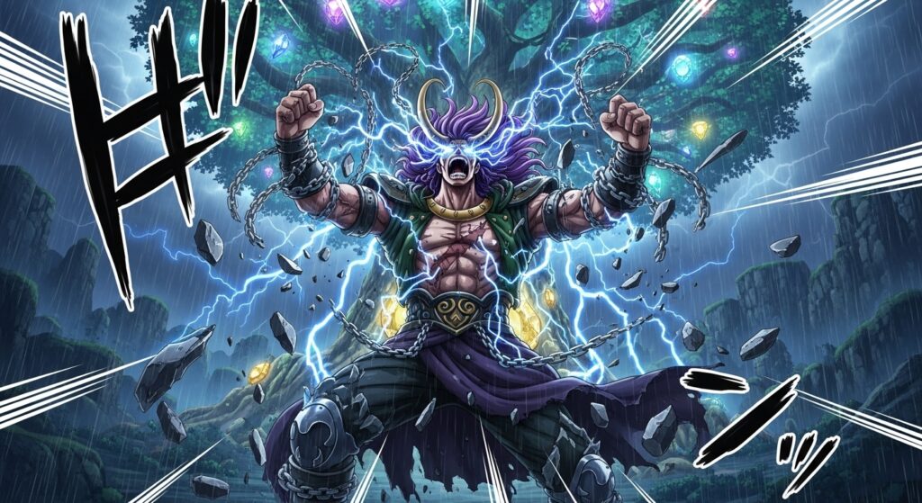 Loki of Elbaf breaking free from chains surrounded by lightning.
