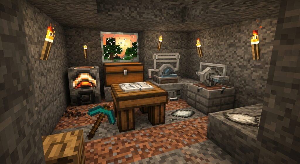 minecraft workstation with grindstone furnace crafting table setup